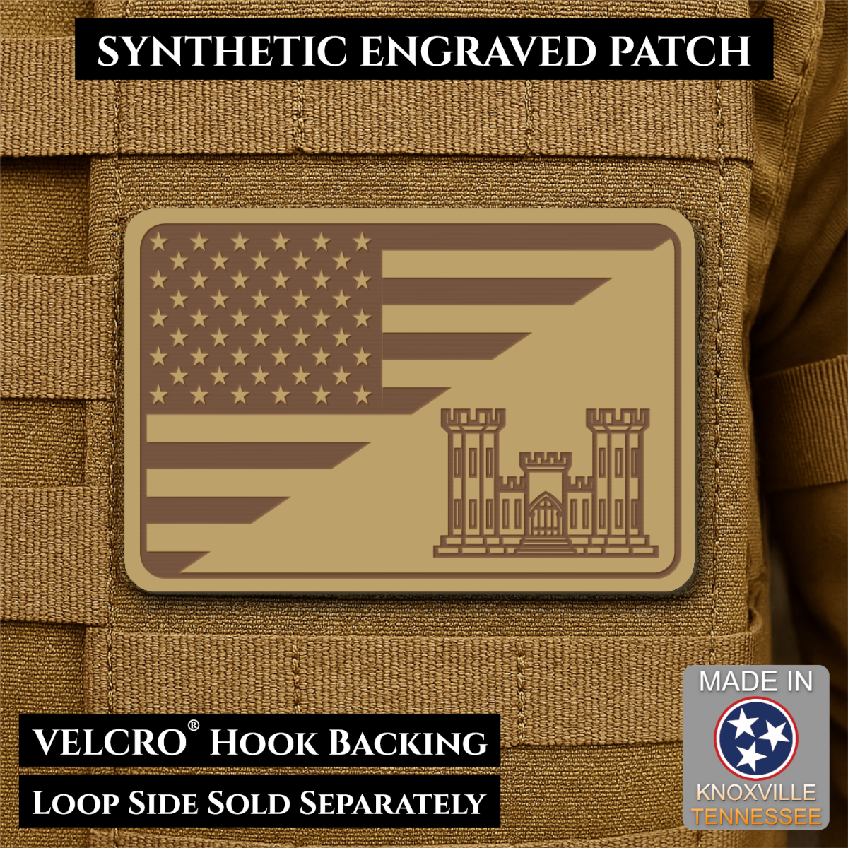 Army Combat Engineer American Flag Morale Patch, 2x3" | Made in USA | VELCRO® Brand Hook Backing