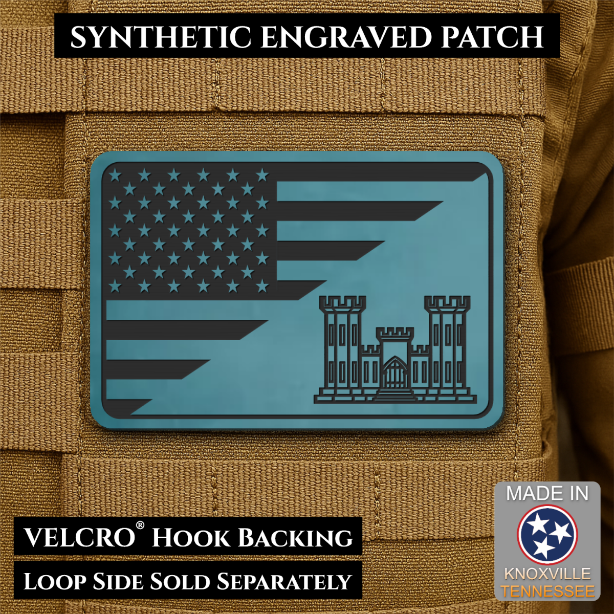 Army Combat Engineer American Flag Morale Patch, 2x3" | Made in USA | VELCRO® Brand Hook Backing