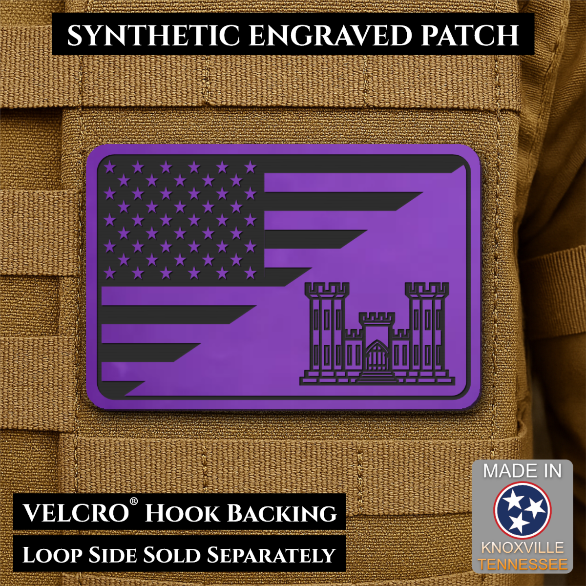 Army Combat Engineer American Flag Morale Patch, 2x3" | Made in USA | VELCRO® Brand Hook Backing
