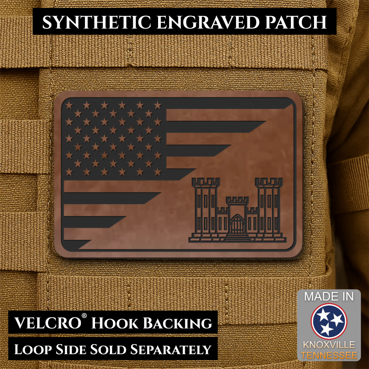 Army Combat Engineer American Flag Morale Patch, 2x3" | Made in USA | VELCRO® Brand Hook Backing
