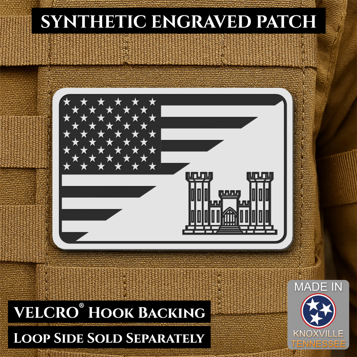 Army Combat Engineer American Flag Morale Patch, 2x3" | Made in USA | VELCRO® Brand Hook Backing