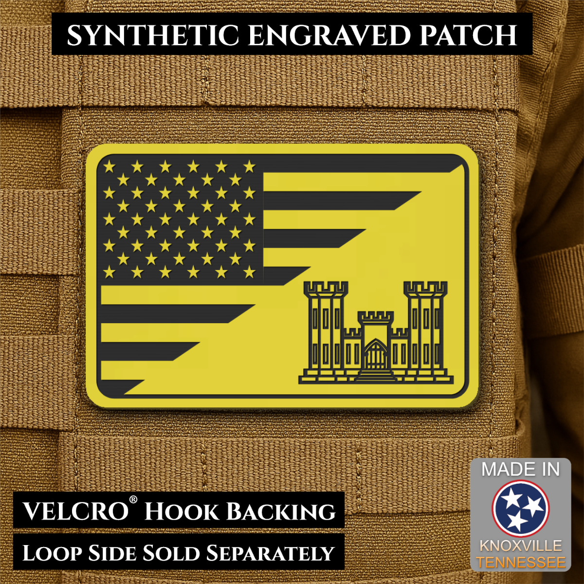Army Combat Engineer American Flag Morale Patch, 2x3" | Made in USA | VELCRO® Brand Hook Backing