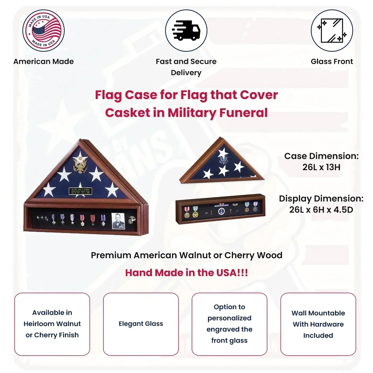American Flag Case and Medal Display Case - Presidential - Walnut or Cherry Material.