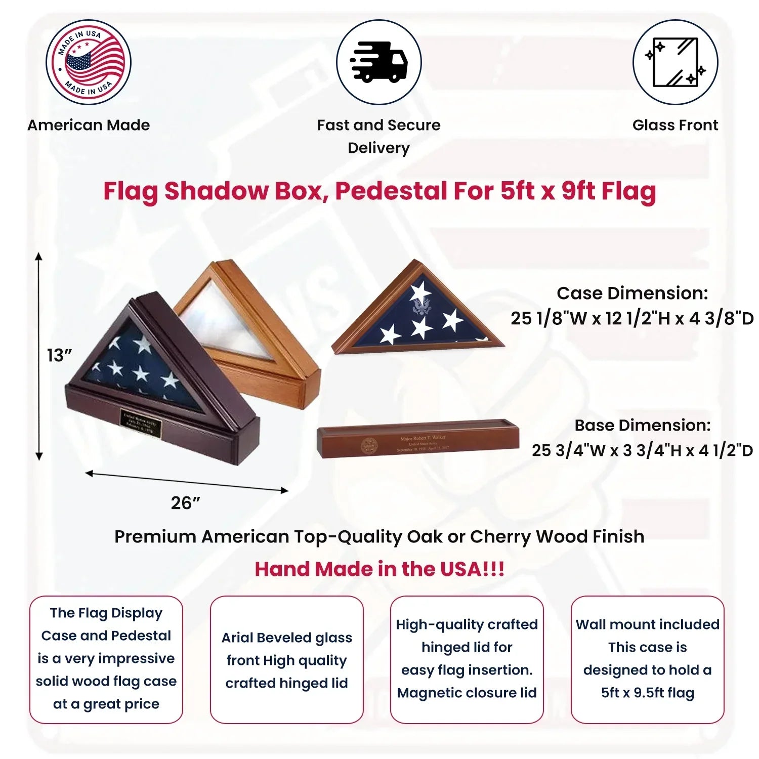 FLAG SHADOW BOX, Pedestal Cherry case For 5ft x 9ft Flag.