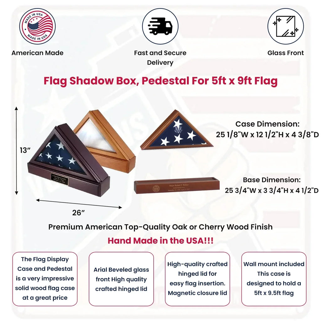Military FLAG SHADOW BOX, Pedestal for 5ft by 9ft Flag