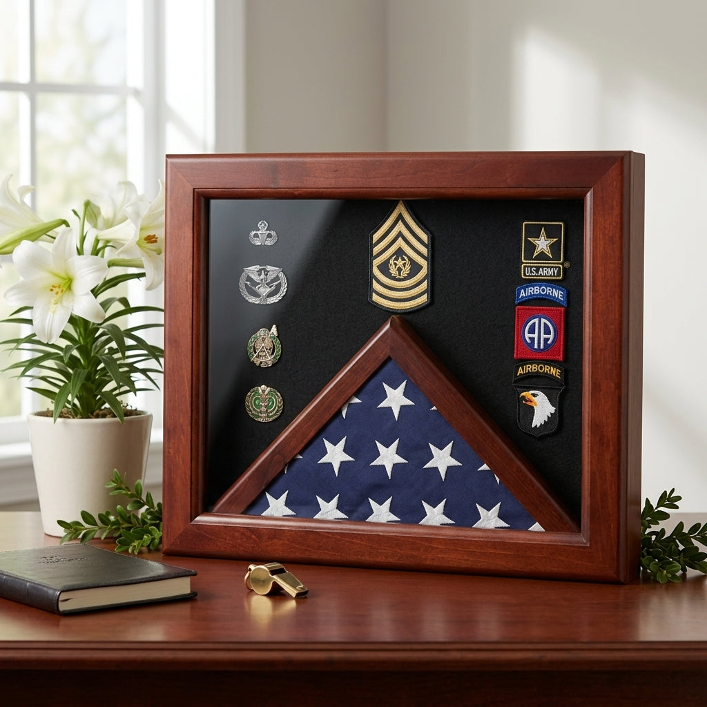 Military Flag medal display case, Mahogany wood for 3x5 flag available in blue or black.