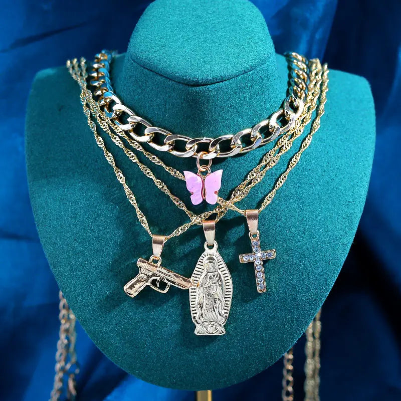 New Multi Layer Butterfly Dragon Charms Crystal Necklaces For Women Punk Golden Angel Letter Clavicle Chain Hiphop Gifts Jewelry