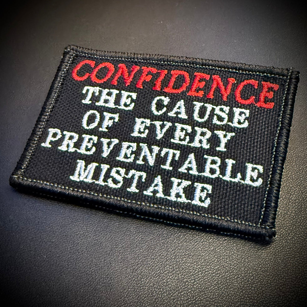 Confidence Causes Mistakes Funny Morale Patch, 2x3" | Made in USA | VELCRO® Brand Hook Backing