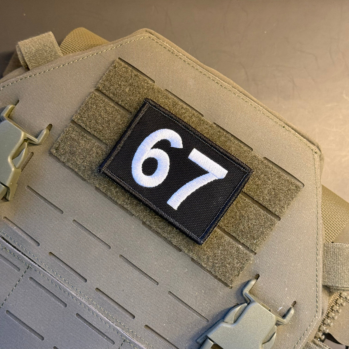 67 -Six Seven- Funny Morale Patch, 2x3" | Made in USA | VELCRO® Brand Hook Backing