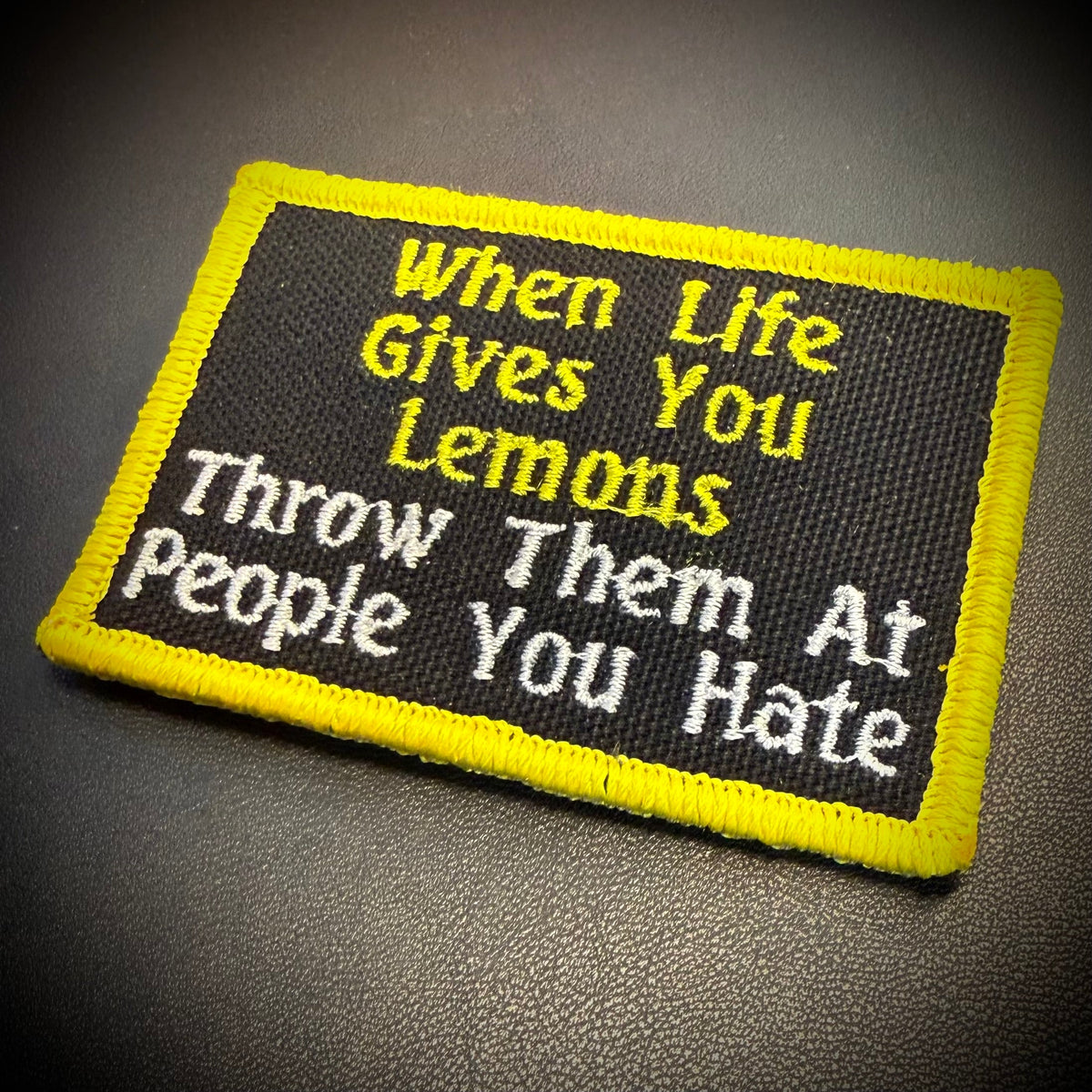 Throw Lemons At People You Hate Funny Morale Patch, 2x3" | Made in USA | VELCRO® Brand Hook Backing