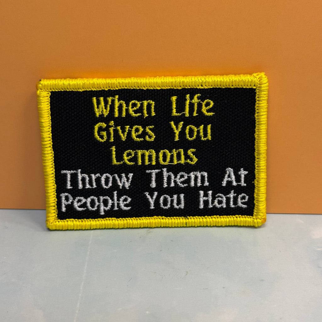 Throw Lemons At People You Hate Funny Morale Patch, 2x3" | Made in USA | VELCRO® Brand Hook Backing