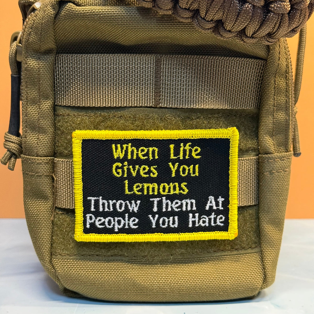 Throw Lemons At People You Hate Funny Morale Patch, 2x3" | Made in USA | VELCRO® Brand Hook Backing