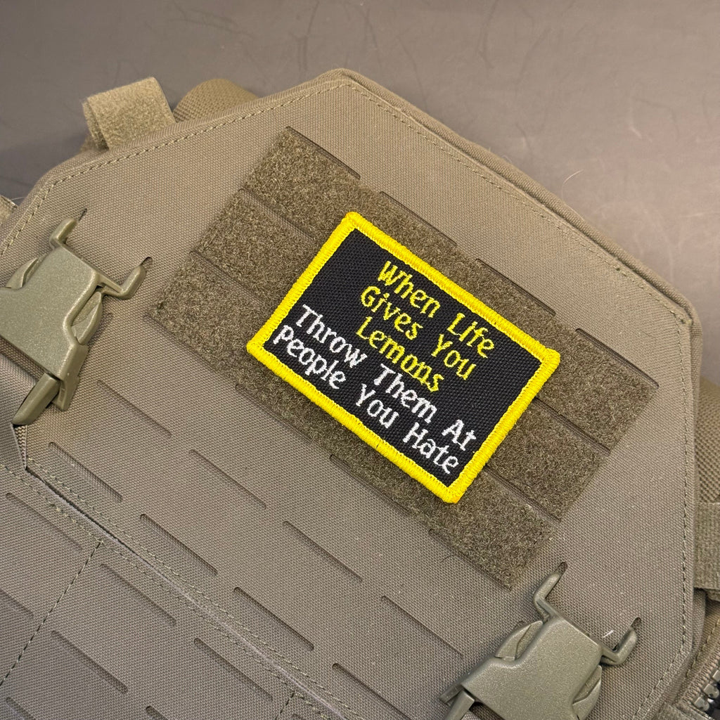 Throw Lemons At People You Hate Funny Morale Patch, 2x3" | Made in USA | VELCRO® Brand Hook Backing