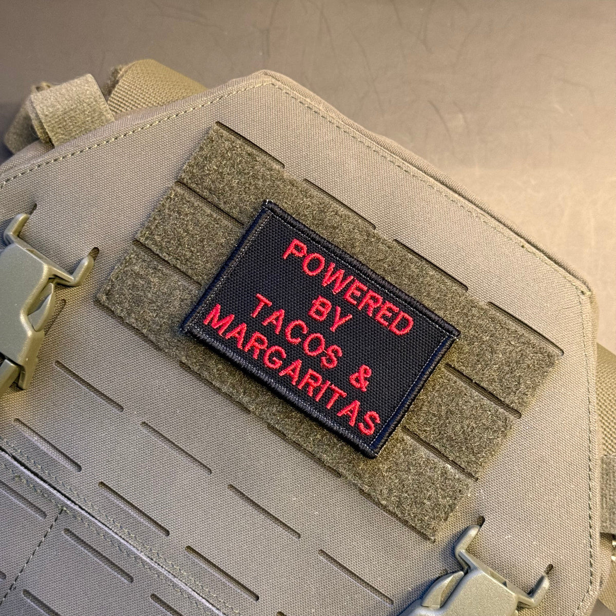 Powered By Tacos & Margaritas Funny Morale Patch, 2x3" | Made in USA | VELCRO® Brand Hook Backing