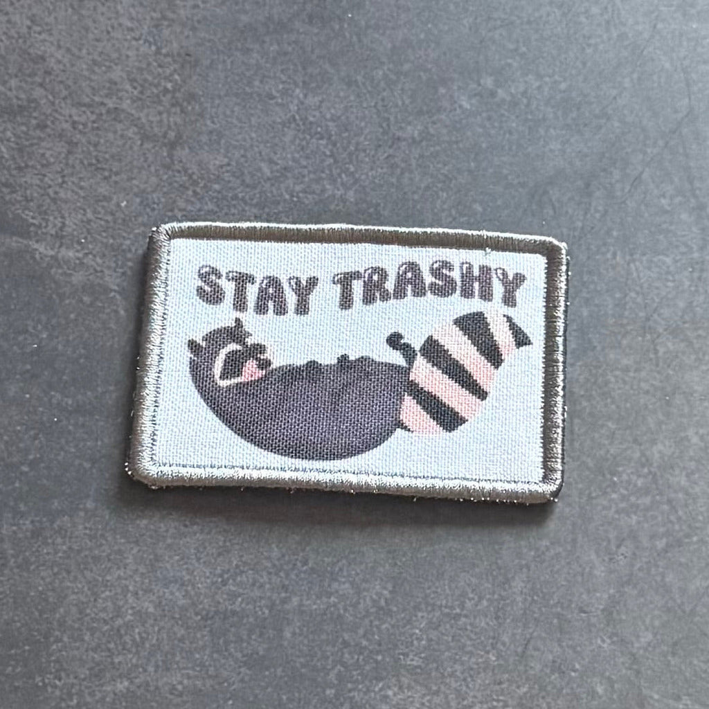 Stay Trashy Raccoon Trash Panda Funny Morale Patch, 2x3" | Made in USA | VELCRO® Brand Hook Backing