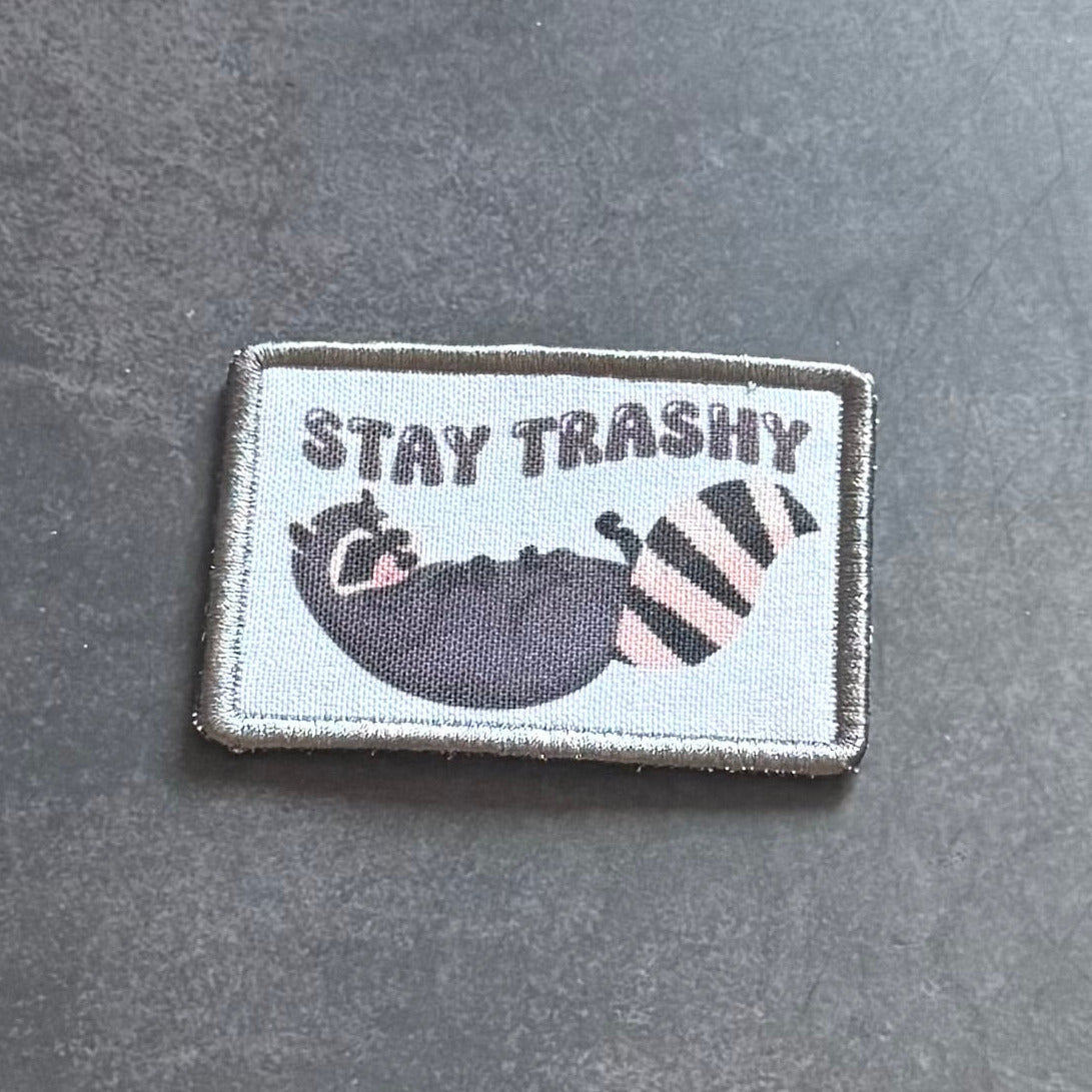 Stay Trashy Raccoon Trash Panda Funny Morale Patch, 2x3" | Made in USA | VELCRO® Brand Hook Backing