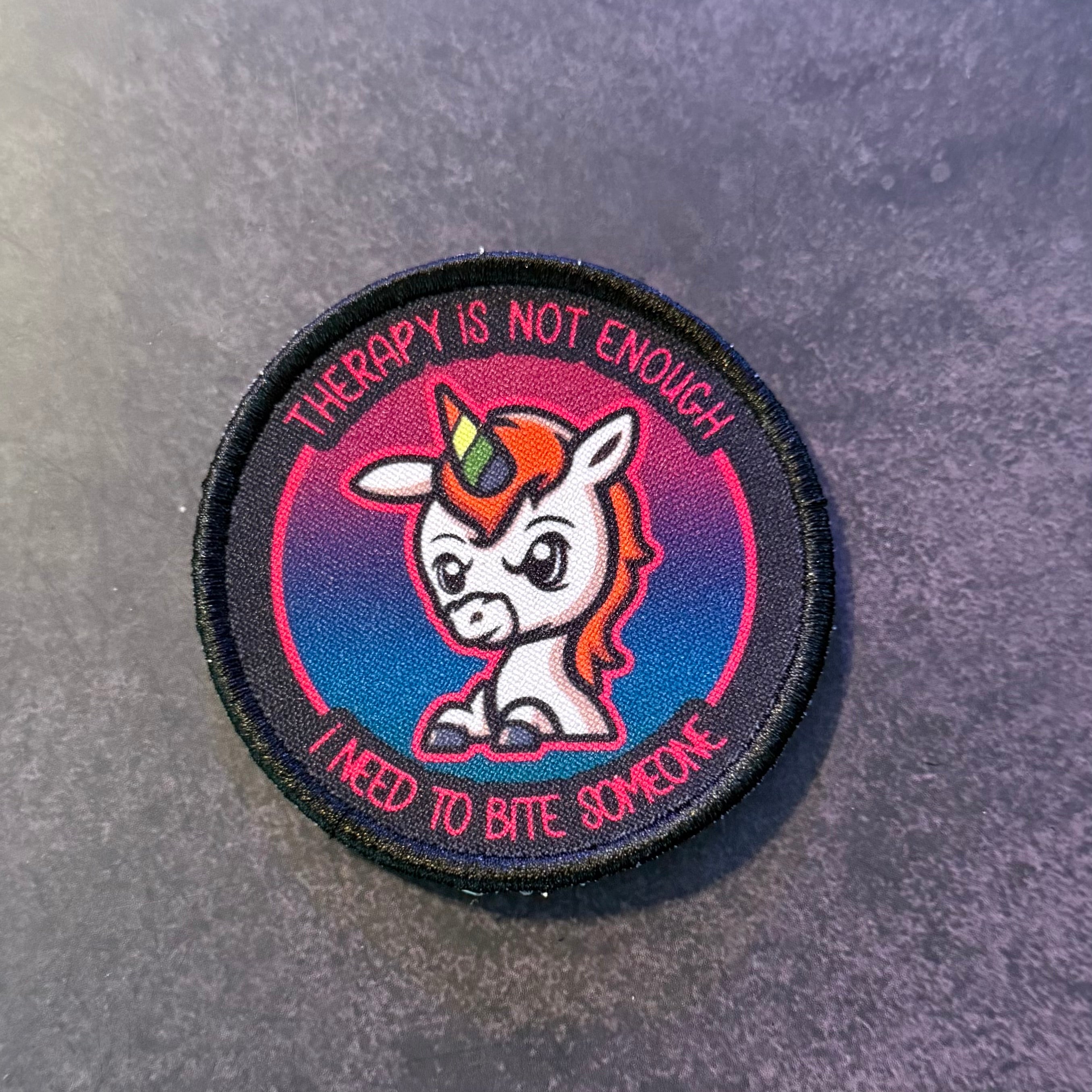 Therapy Unicorn Funny Morale Patch, 3" Round | Made in USA | VELCRO® Brand Hook Backing