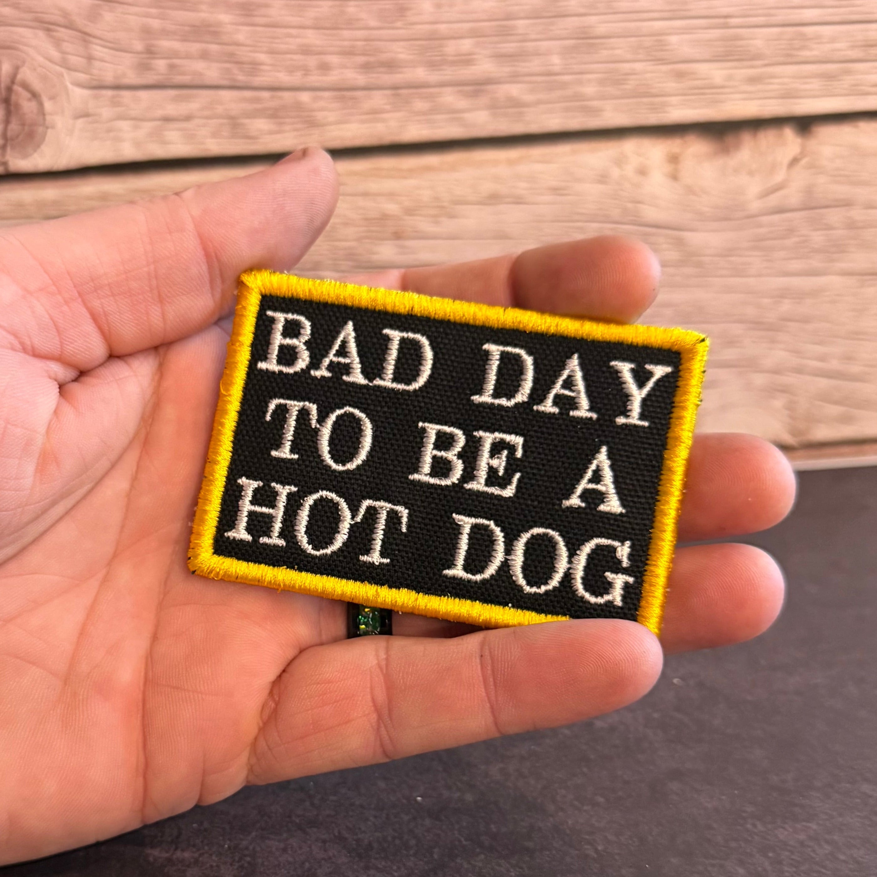 Bad Day To Be A Hot Dog Funny Morale Patch, 2x3" | Made in USA | VELCRO® Brand Hook Backing