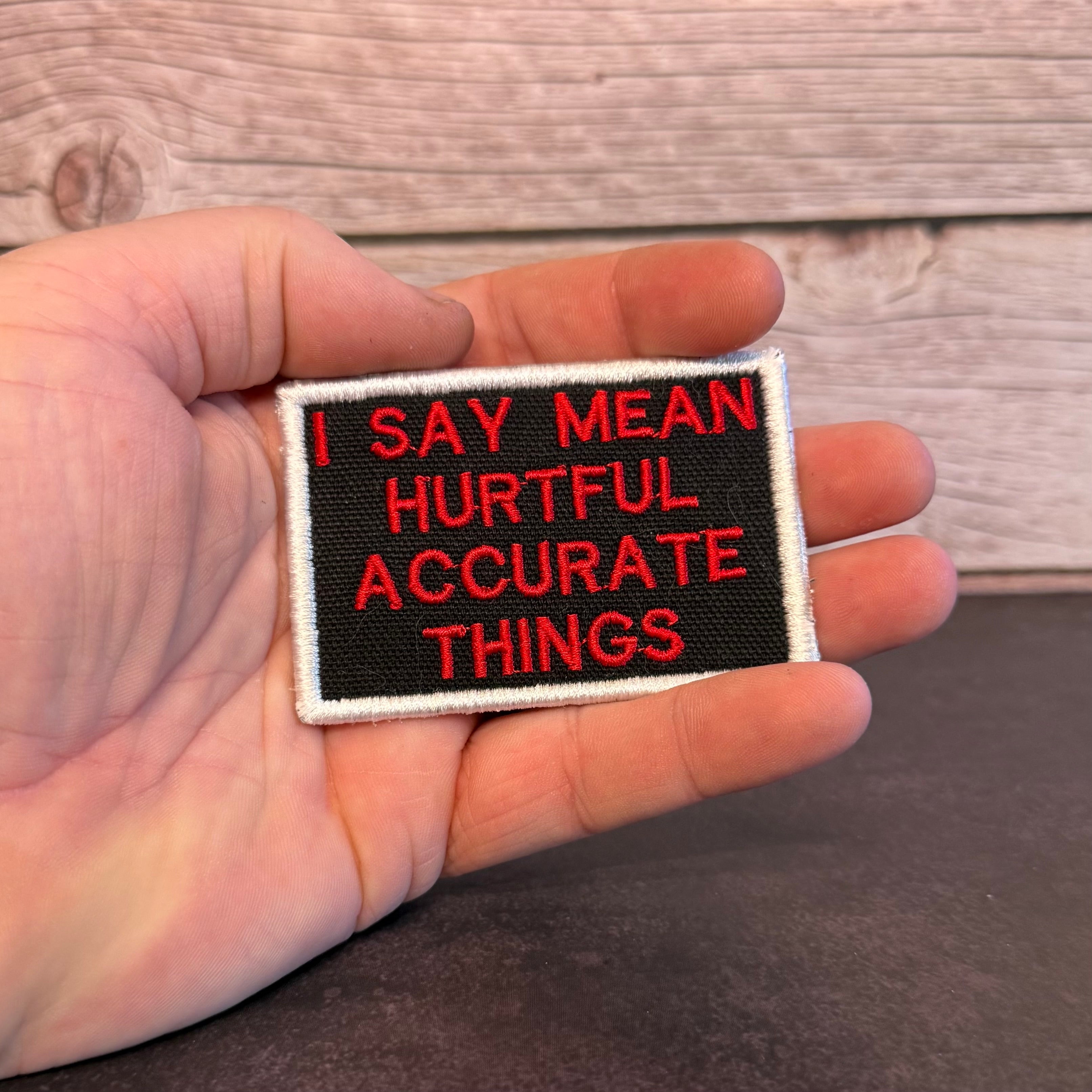 I Say Mean, Hurtful, Accurate Things Funny Morale Patch, 2x3" | Made in USA | VELCRO® Brand Hook Backing