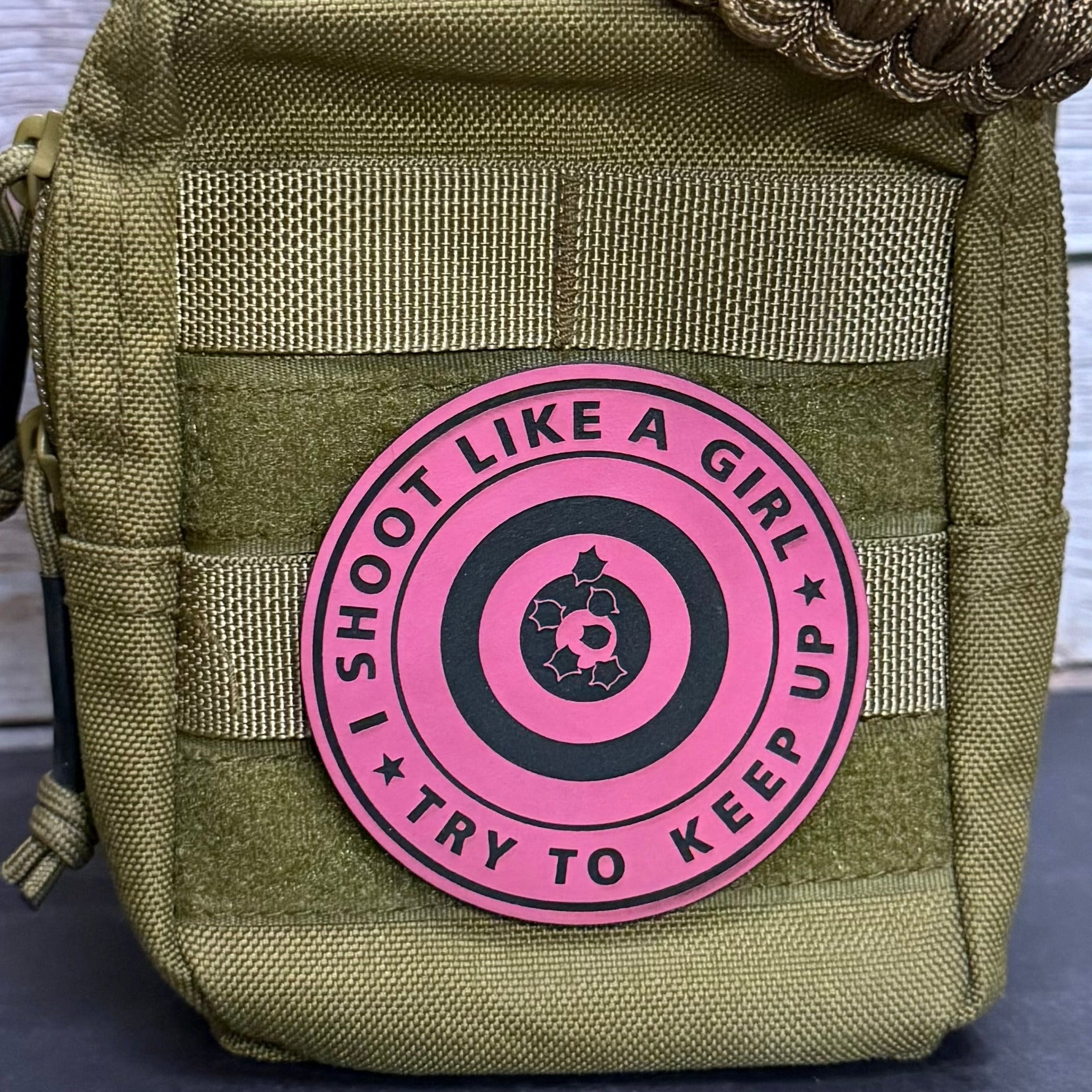 I Shoot Like A Girl Funny Morale Patch, 3" Round | Made in USA | VELCRO® Brand Hook Backing