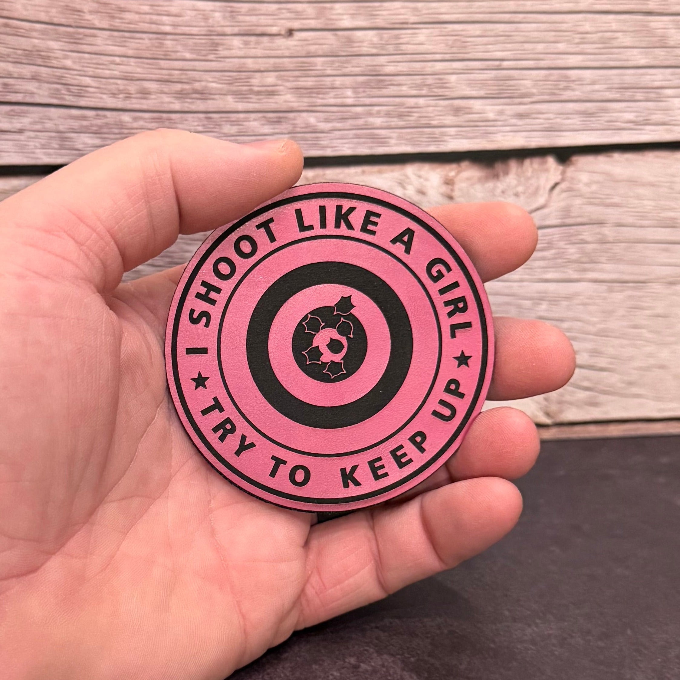 I Shoot Like A Girl Funny Morale Patch, 3" Round | Made in USA | VELCRO® Brand Hook Backing