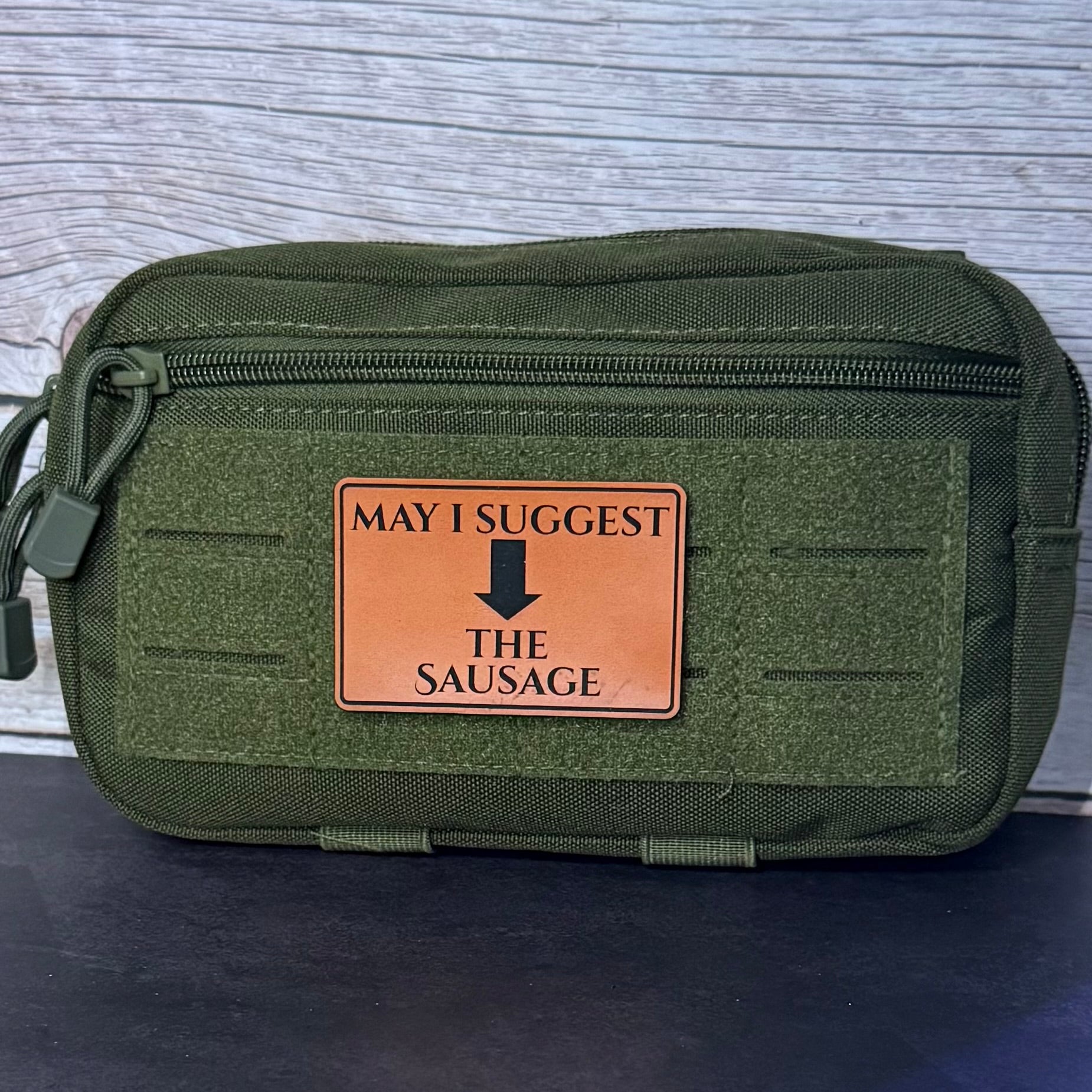May I Suggest The Sausage Funny Morale Patch, 2x3" | Made in USA | VELCRO® Brand Hook Backing