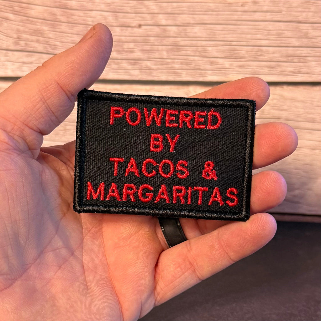 Powered By Tacos & Margaritas Funny Morale Patch, 2x3" | Made in USA | VELCRO® Brand Hook Backing