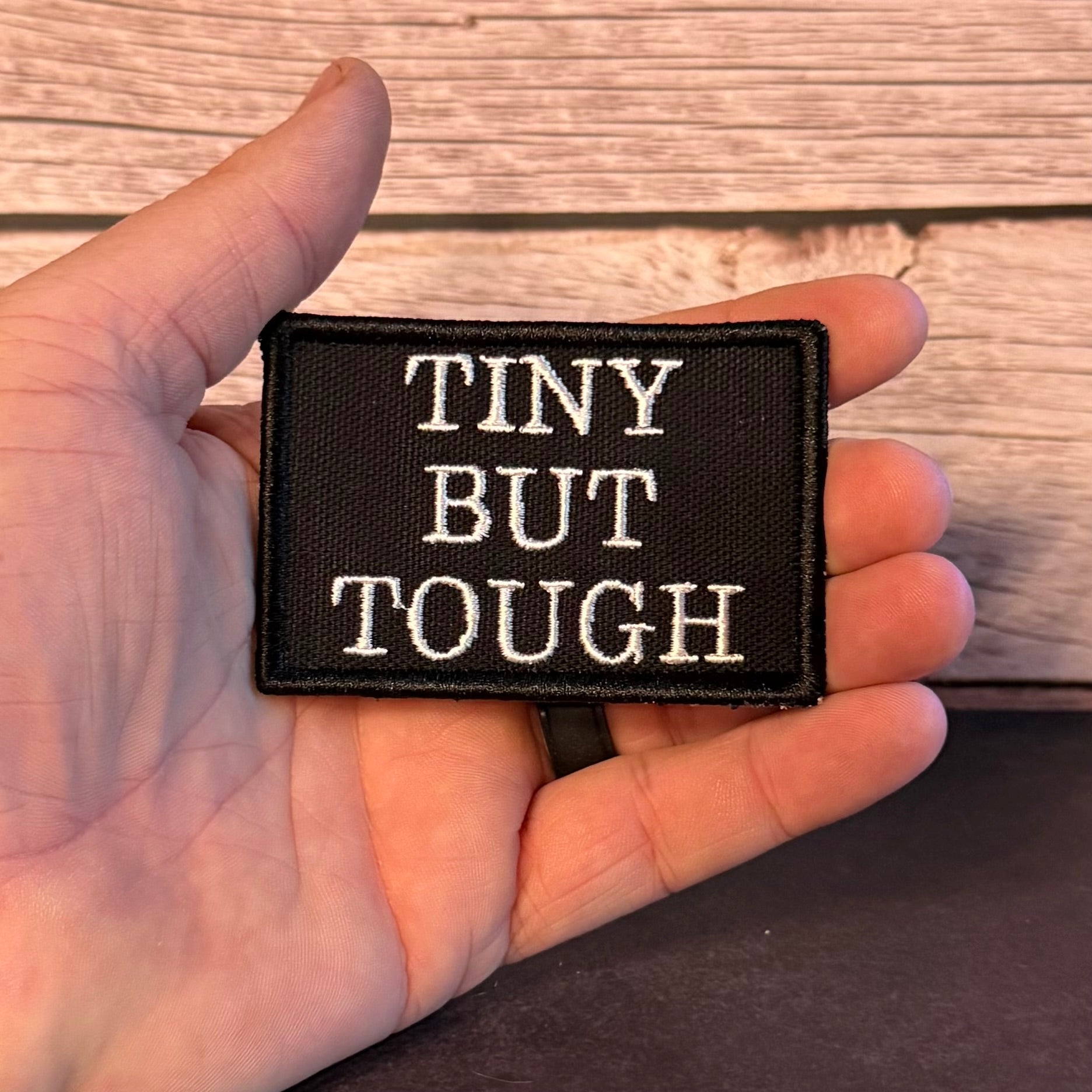 Tiny But Tough Funny Morale Patch, 2x3" | Made in USA | VELCRO® Brand Hook Backing