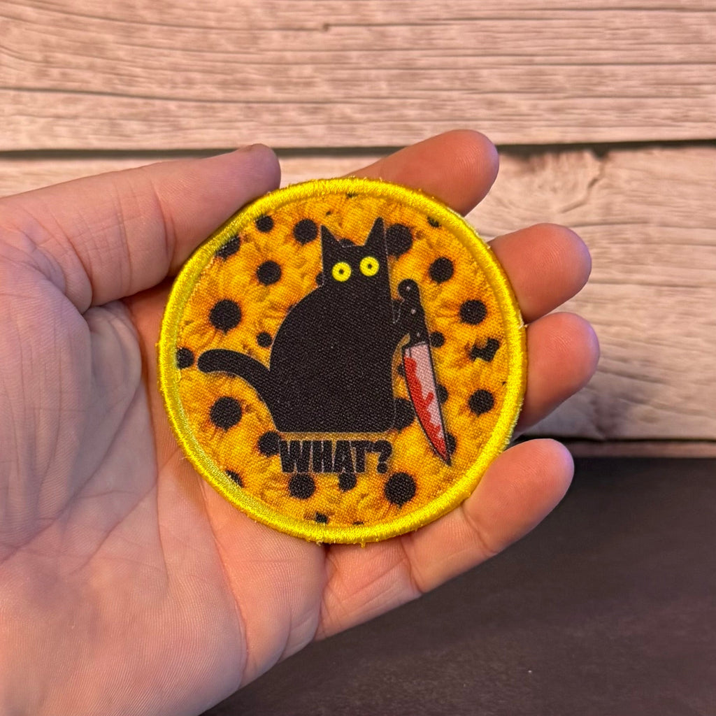 Murder Cat & Sunflowers Funny Morale Patch, 3" Round | Made in USA | VELCRO® Brand Hook Backing