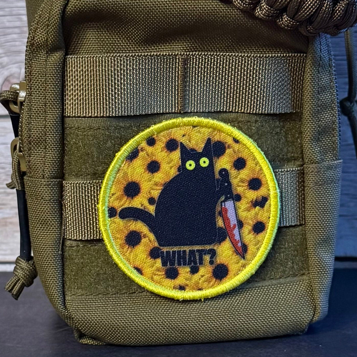 Murder Cat & Sunflowers Funny Morale Patch, 3" Round | Made in USA | VELCRO® Brand Hook Backing