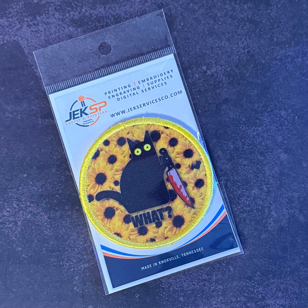 Murder Cat & Sunflowers Funny Morale Patch, 3" Round | Made in USA | VELCRO® Brand Hook Backing