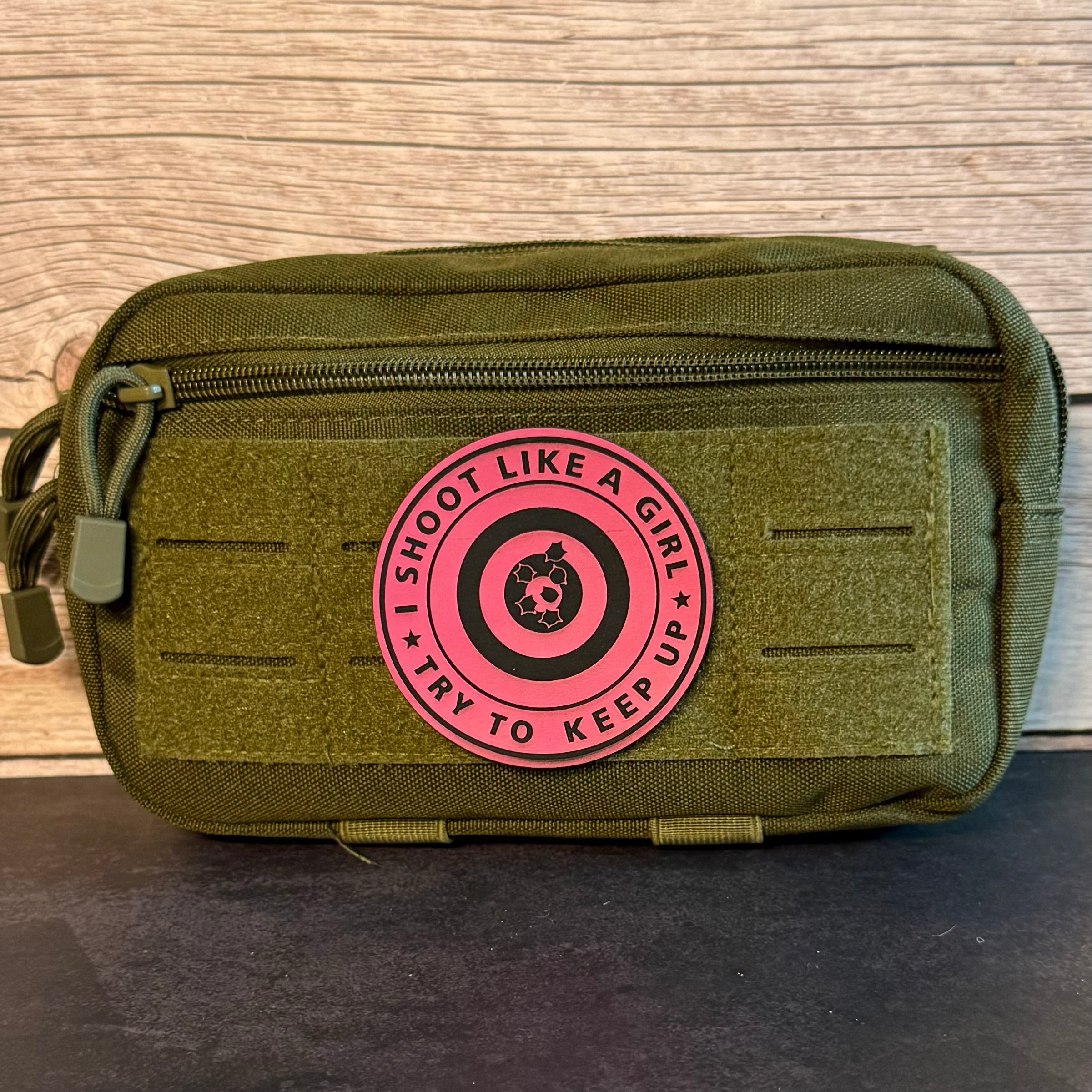 I Shoot Like A Girl Funny Morale Patch, 3" Round | Made in USA | VELCRO® Brand Hook Backing