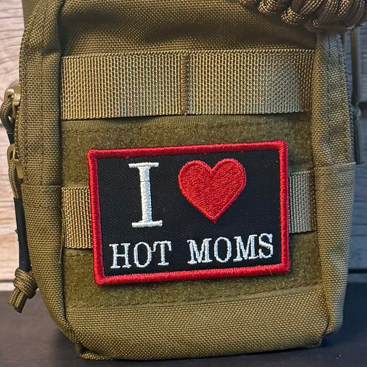 I Love Hot Moms MILFS Funny Morale Patch, 2x3" | Made in USA | VELCRO® Brand Hook Backing