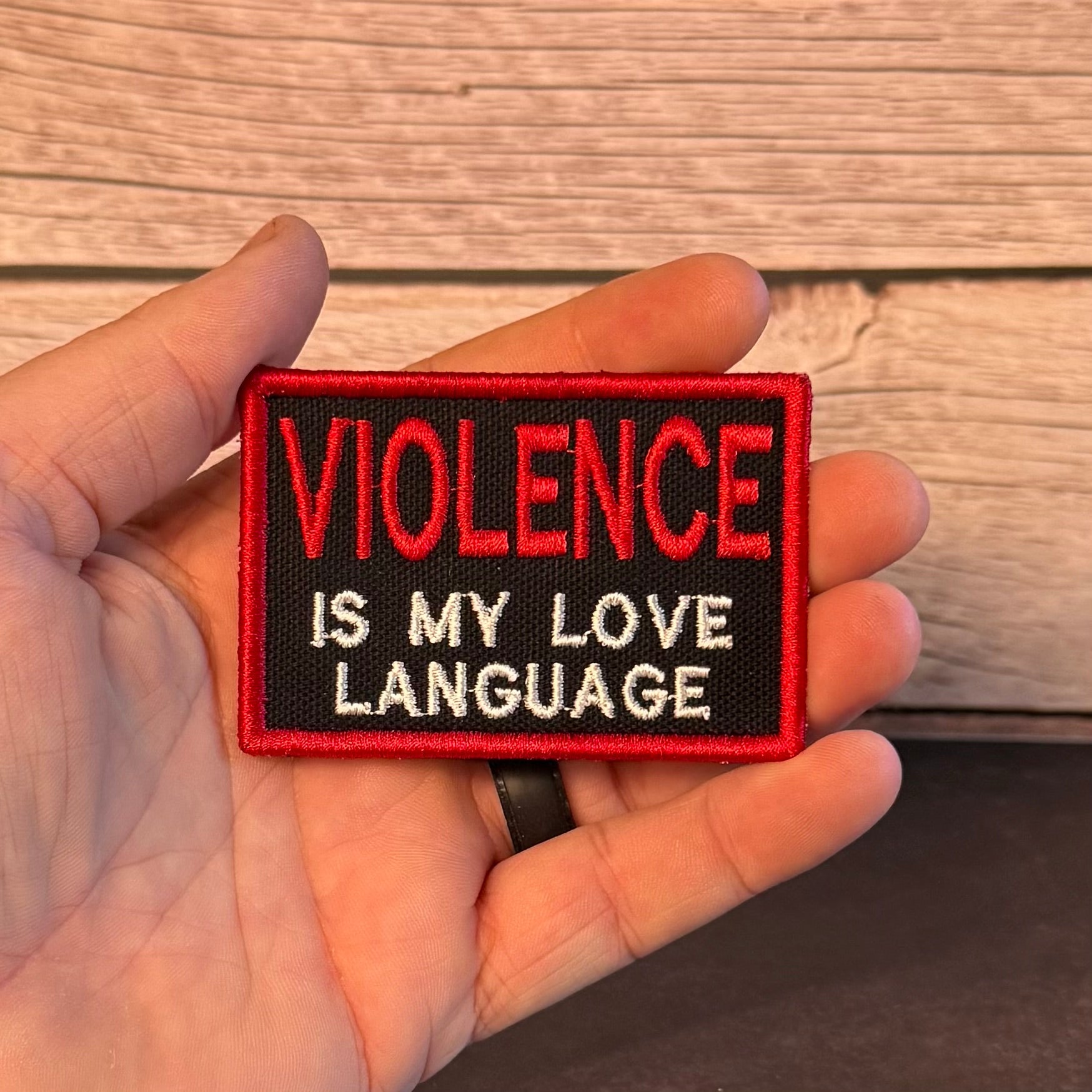Violence Is My Love Language Funny Morale Patch, 2x3" | Made in USA | VELCRO® Brand Hook Backing
