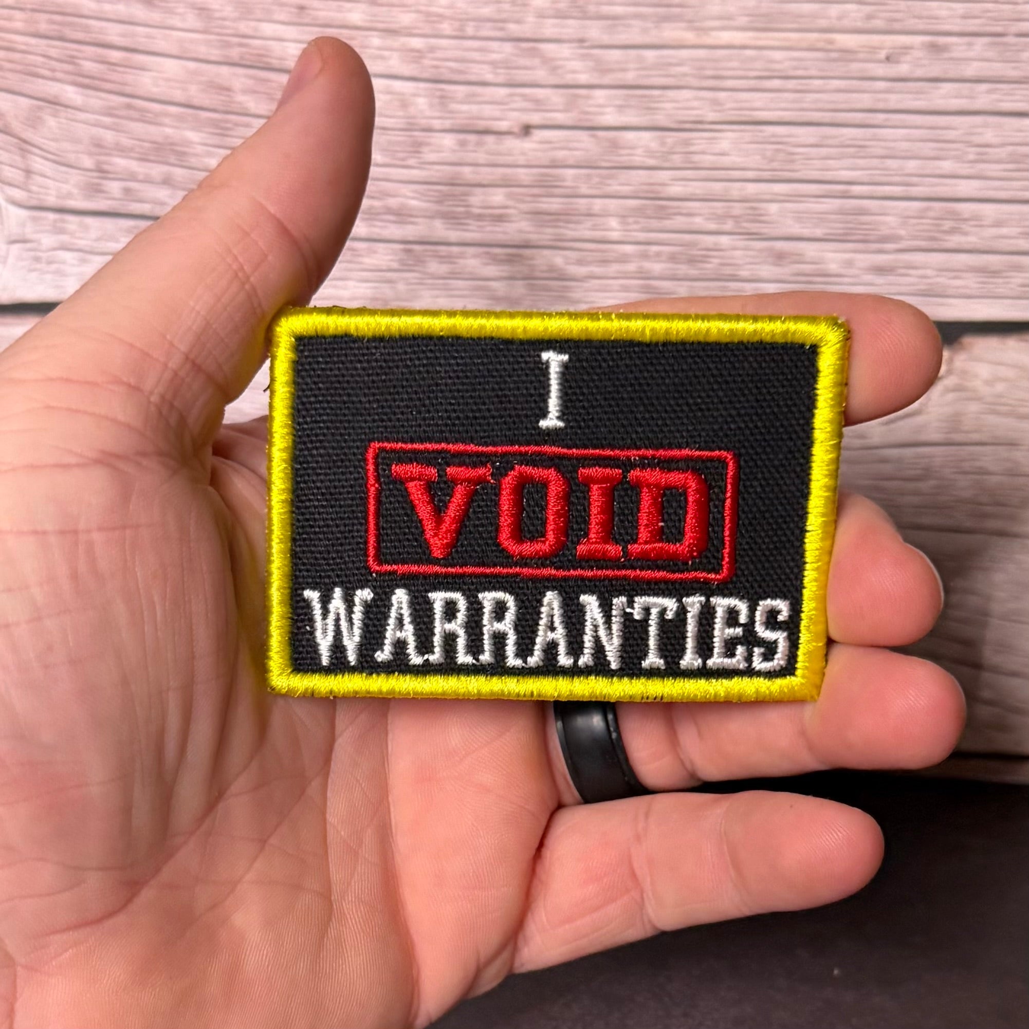 I Void Warranties Funny Morale Patch, 2x3" | Made in USA | VELCRO® Brand Hook Backing