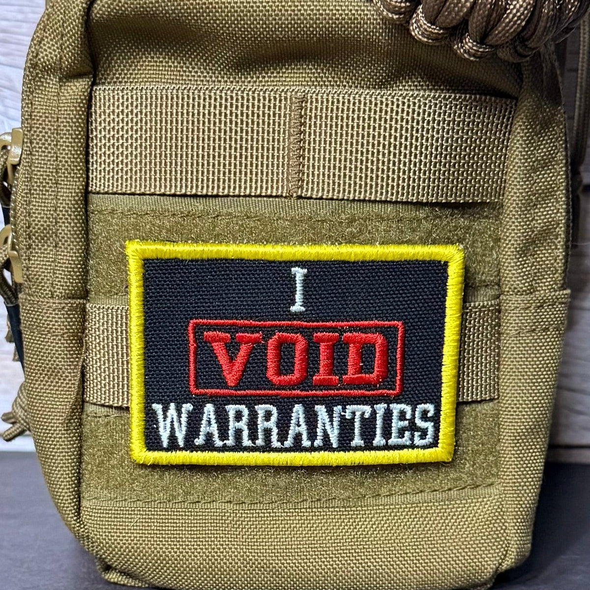 I Void Warranties Funny Morale Patch, 2x3" | Made in USA | VELCRO® Brand Hook Backing
