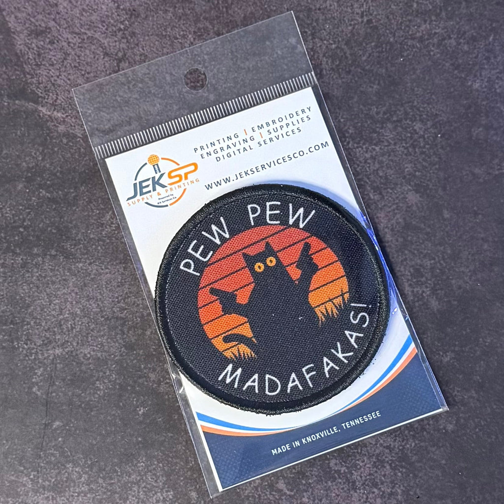 Pew Pew Madafakas Funny Cat Morale Patch, 3" Round | Made in USA | VELCRO® Brand Hook Backing