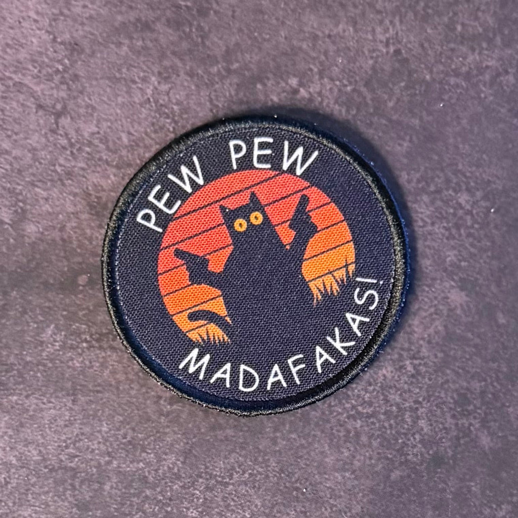 Pew Pew Madafakas Funny Cat Morale Patch, 3" Round | Made in USA | VELCRO® Brand Hook Backing
