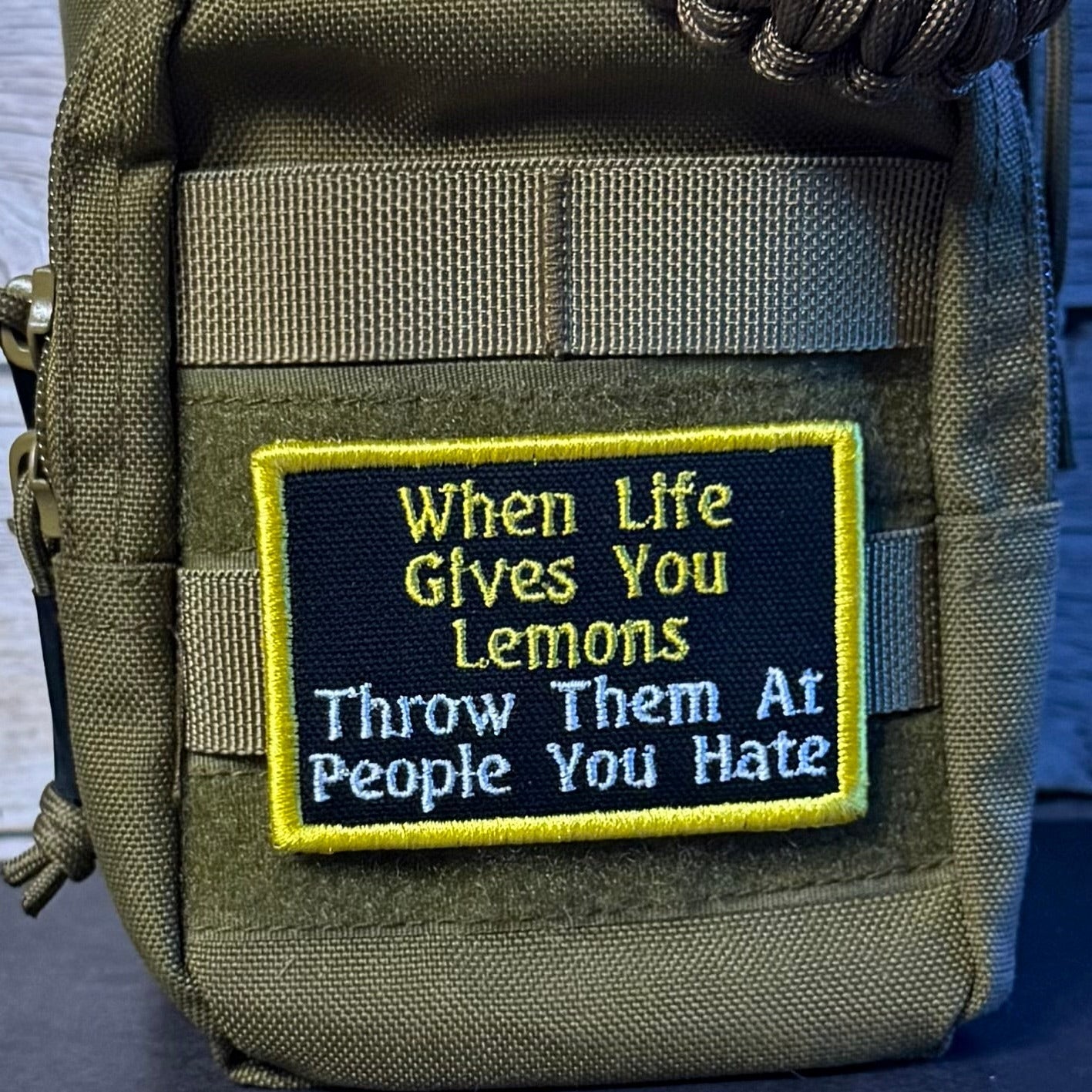 Throw Lemons At People You Hate Funny Morale Patch, 2x3" | Made in USA | VELCRO® Brand Hook Backing