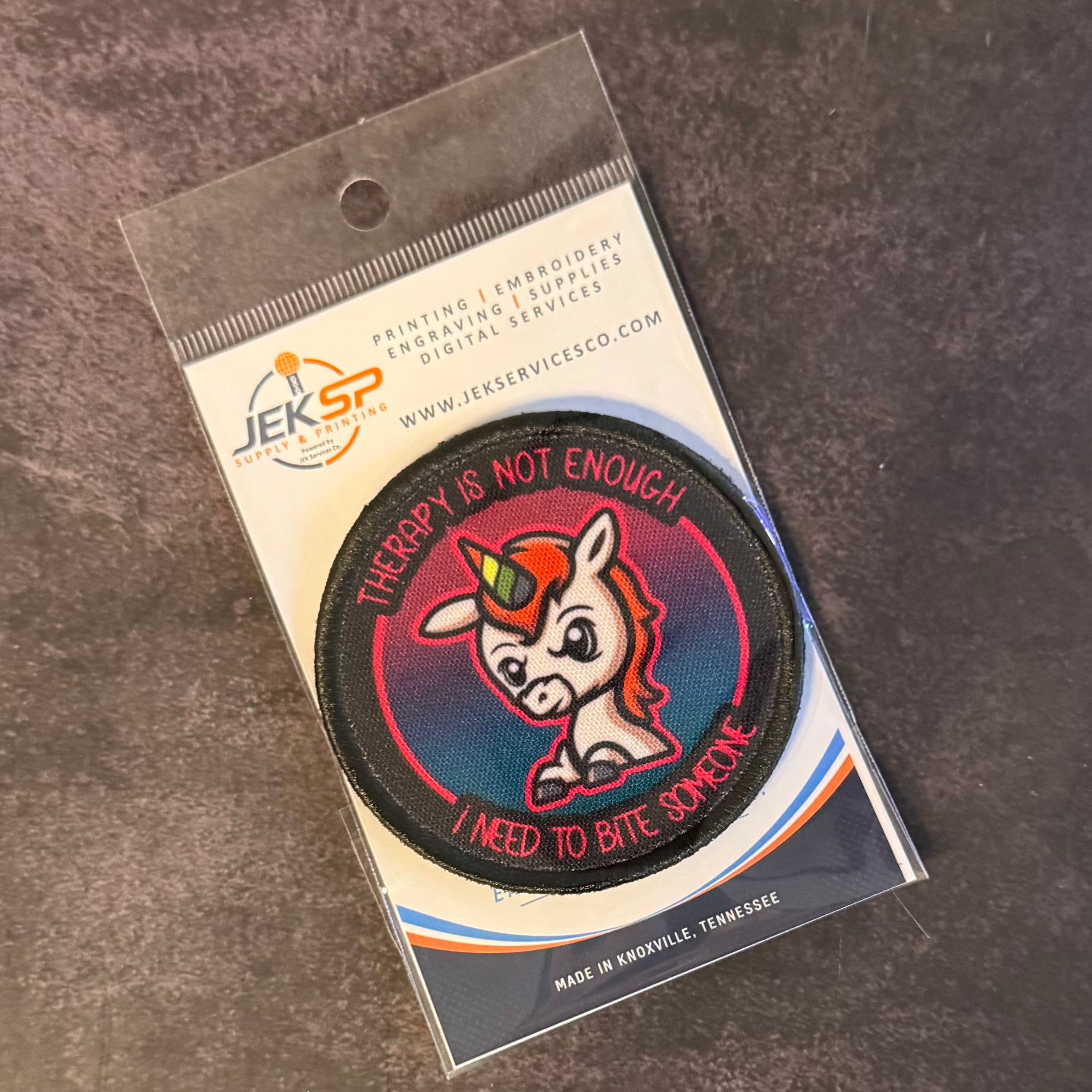 Therapy Unicorn Funny Morale Patch, 3" Round | Made in USA | VELCRO® Brand Hook Backing