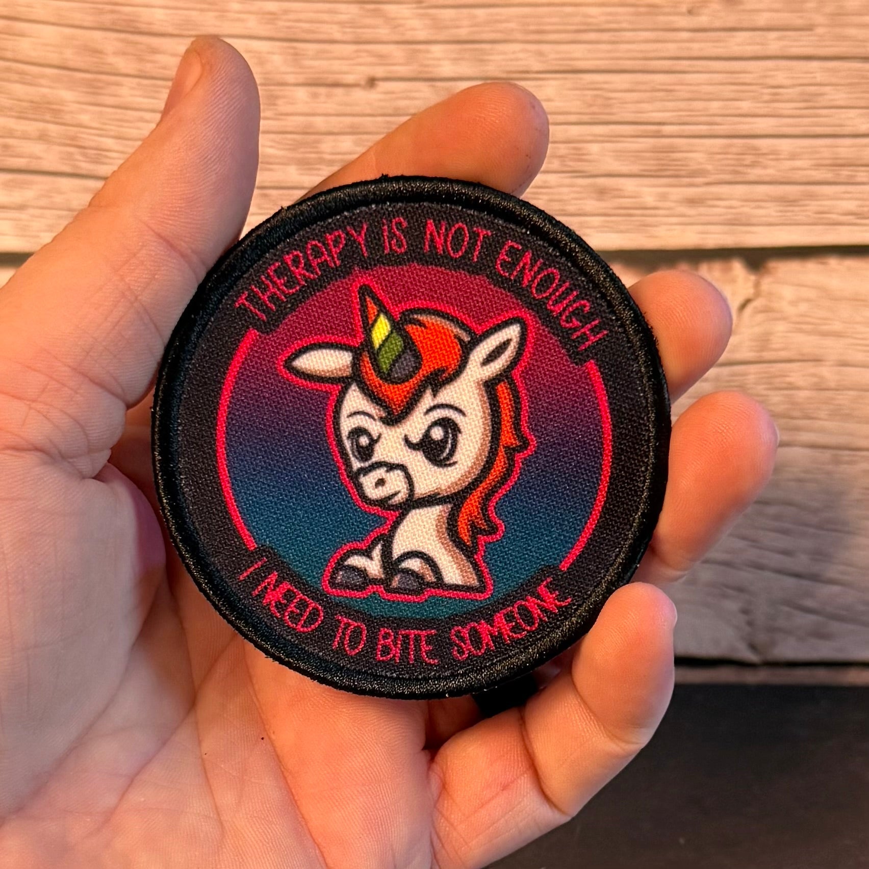 Therapy Unicorn Funny Morale Patch, 3" Round | Made in USA | VELCRO® Brand Hook Backing