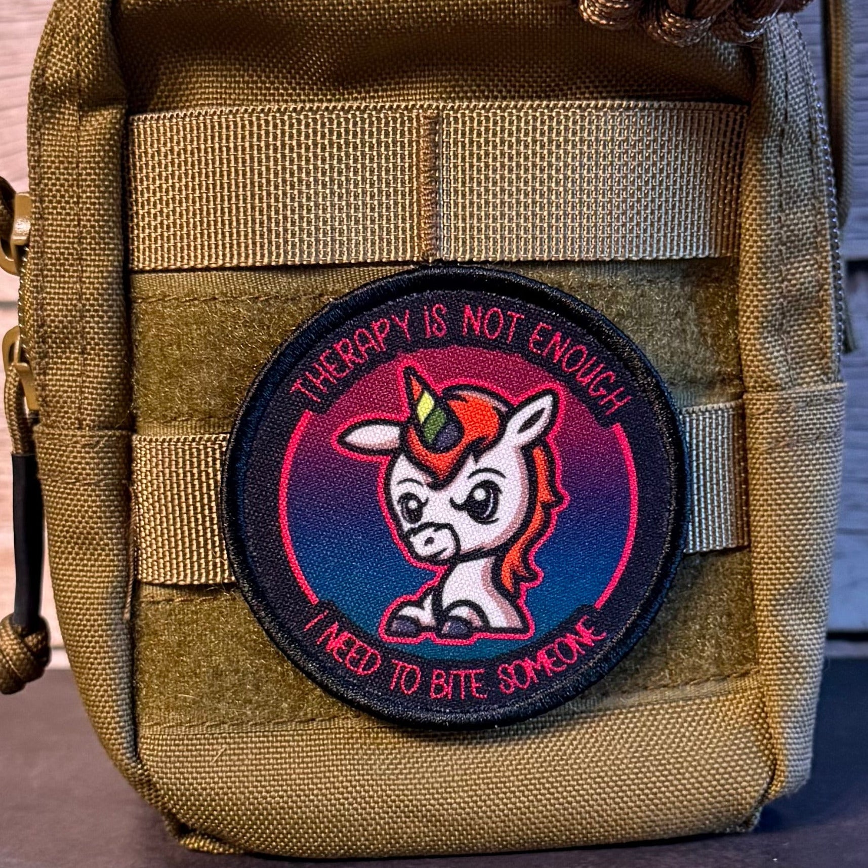 Therapy Unicorn Funny Morale Patch, 3" Round | Made in USA | VELCRO® Brand Hook Backing