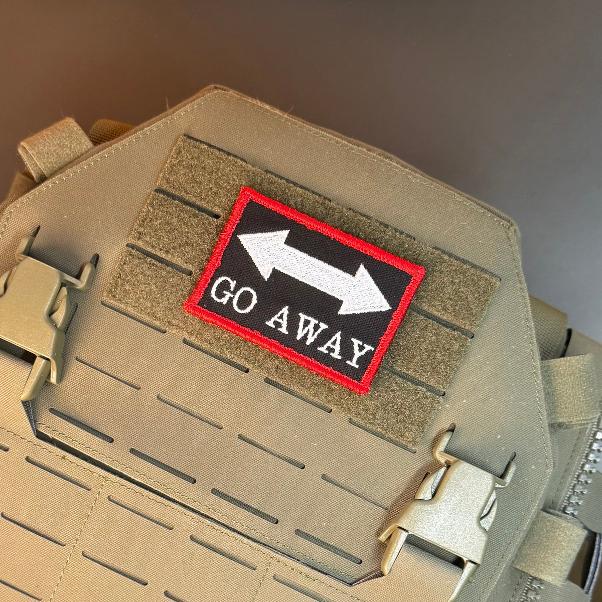 Go Away Funny Morale Patch | Made in USA | VELCRO® Brand Hook Backing