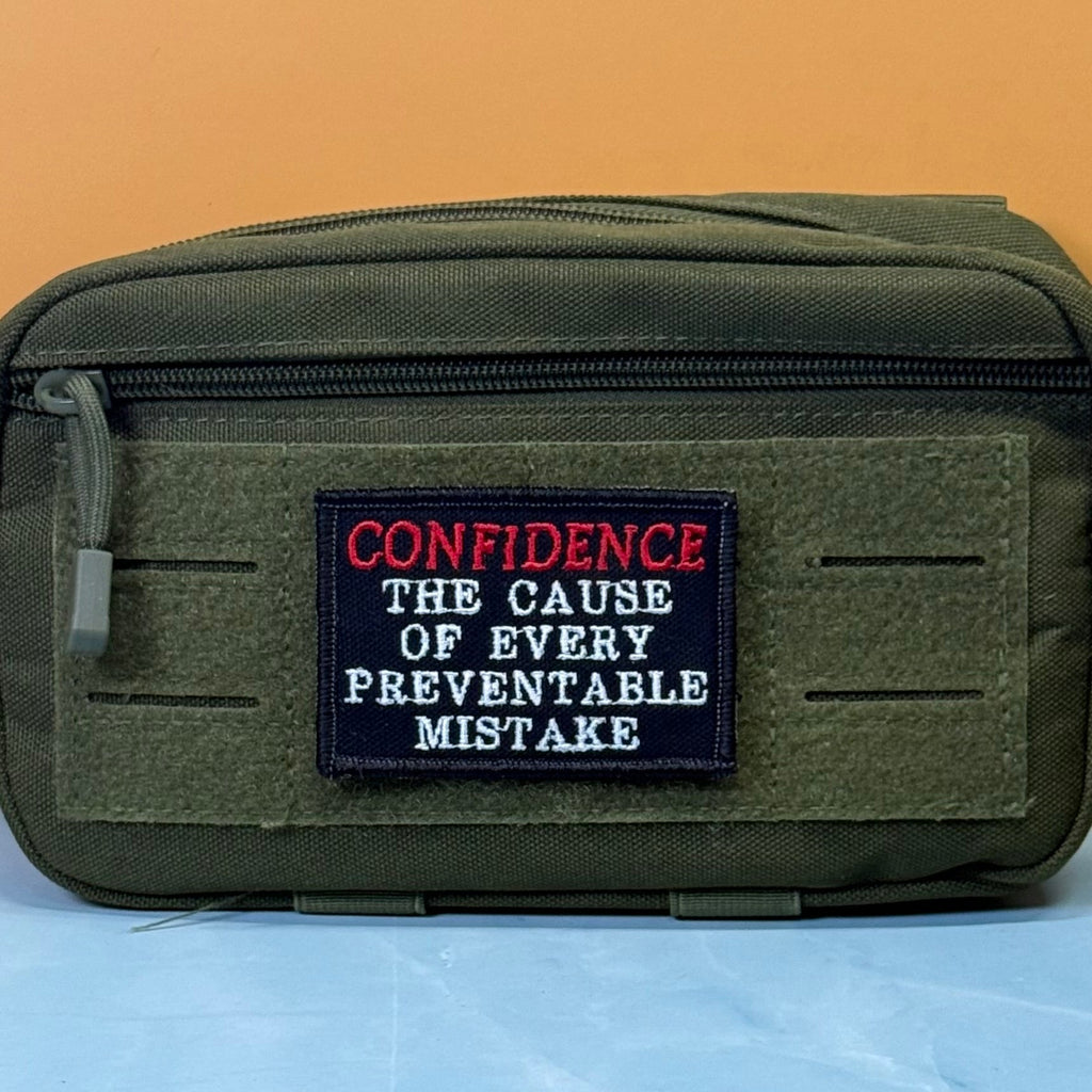 Confidence Causes Mistakes Funny Morale Patch, 2x3" | Made in USA | VELCRO® Brand Hook Backing