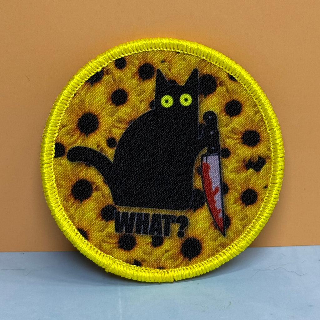 Murder Cat & Sunflowers Funny Morale Patch, 3" Round | Made in USA | VELCRO® Brand Hook Backing