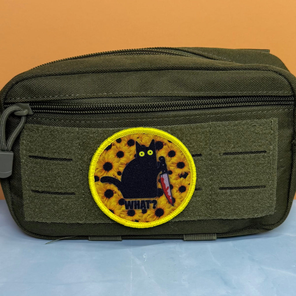 Murder Cat & Sunflowers Funny Morale Patch, 3" Round | Made in USA | VELCRO® Brand Hook Backing