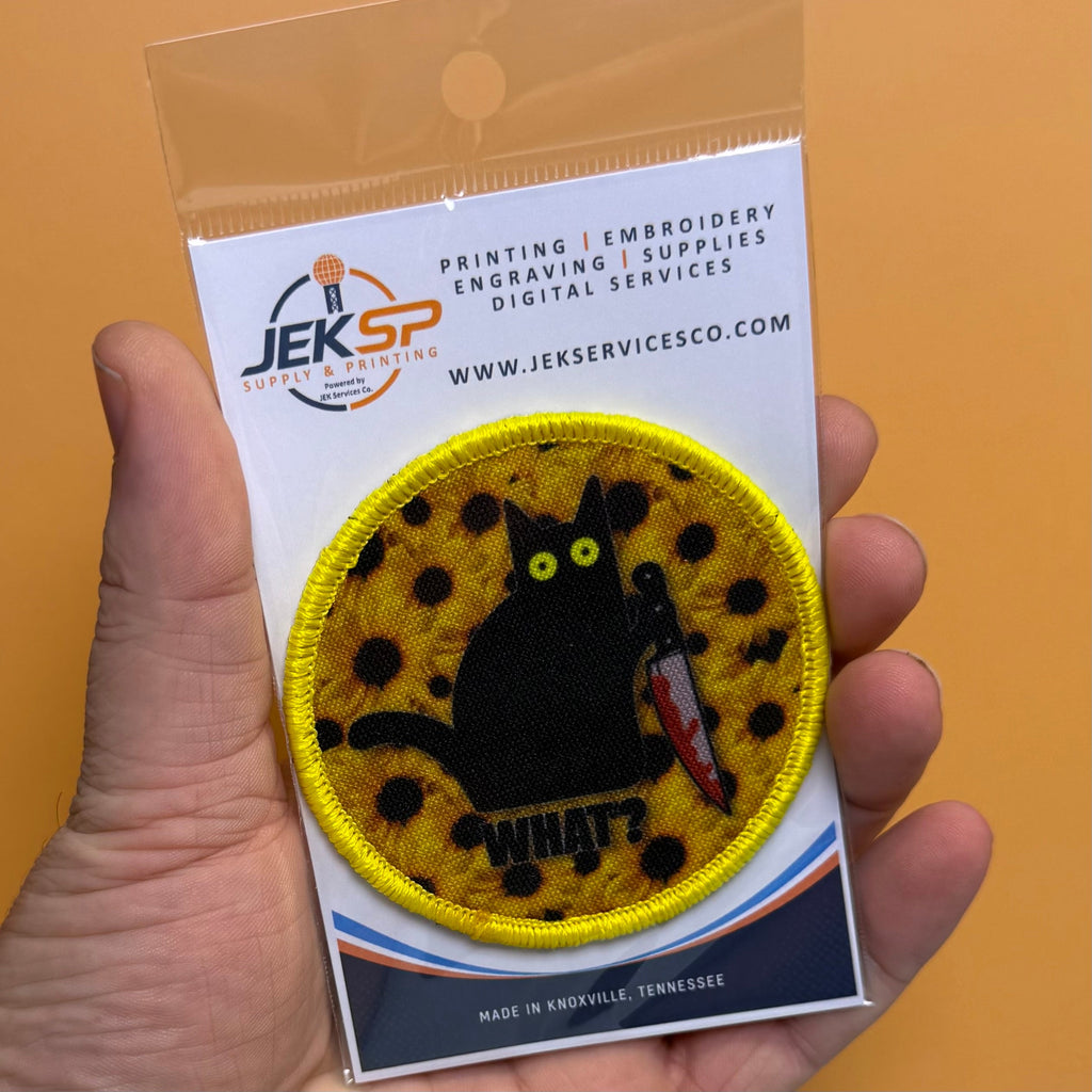 Murder Cat & Sunflowers Funny Morale Patch, 3" Round | Made in USA | VELCRO® Brand Hook Backing