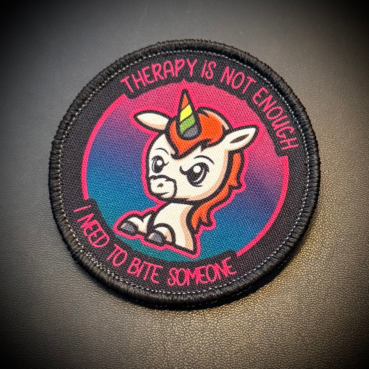 Therapy Unicorn Funny Morale Patch, 3" Round | Made in USA | VELCRO® Brand Hook Backing