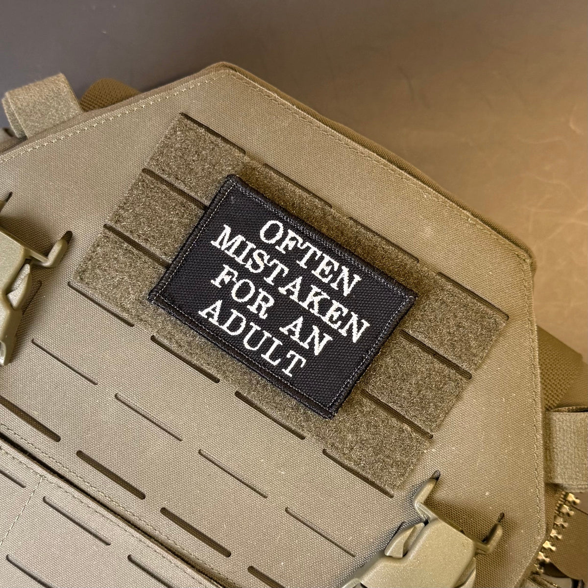 Often Mistaken For An Adult Funny Morale Patch, 2x3" | Made in USA | VELCRO® Brand Hook Backing