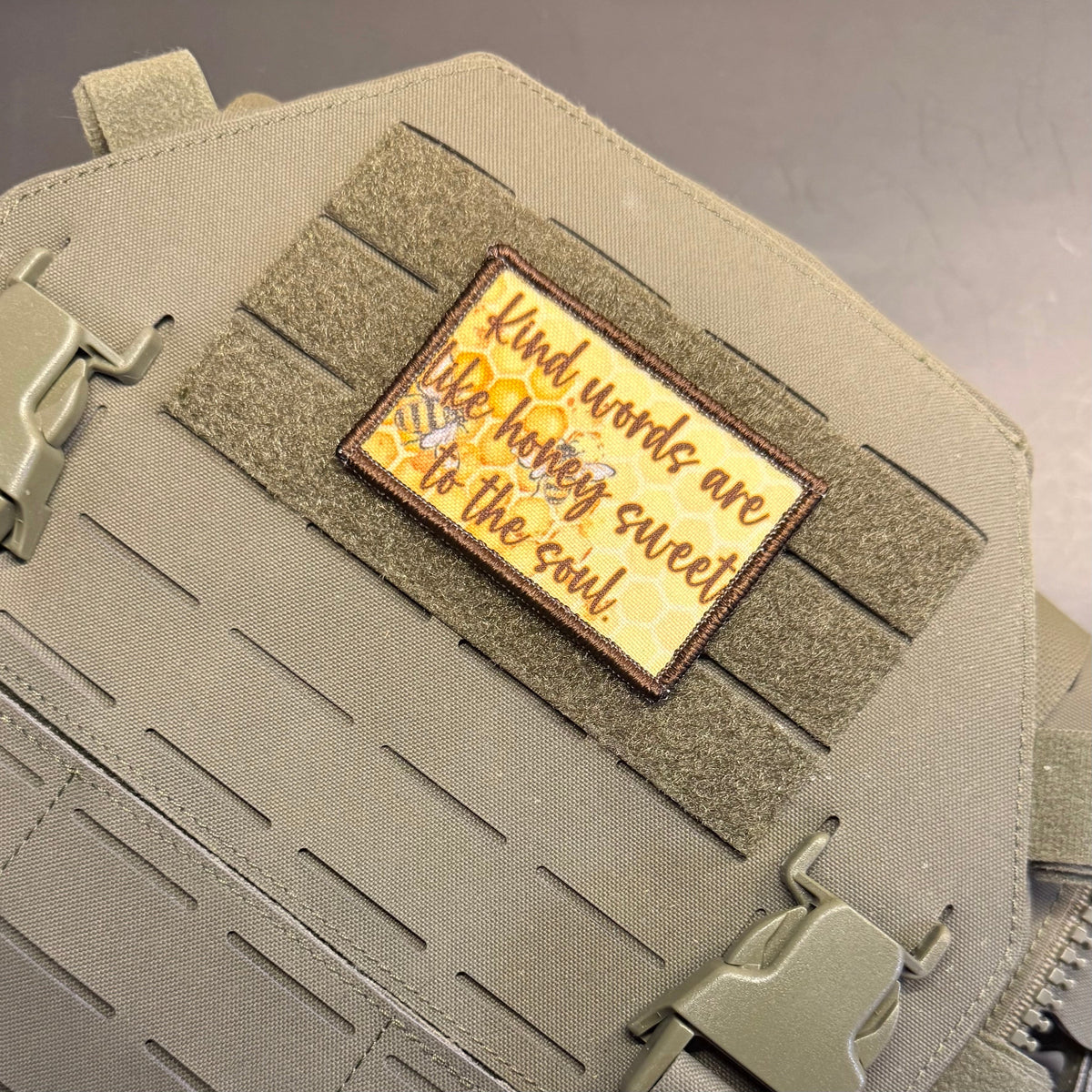 Kind Words Are Honey Sweet Morale Patch, 2x3" | Made in USA | VELCRO® Brand Hook Backing